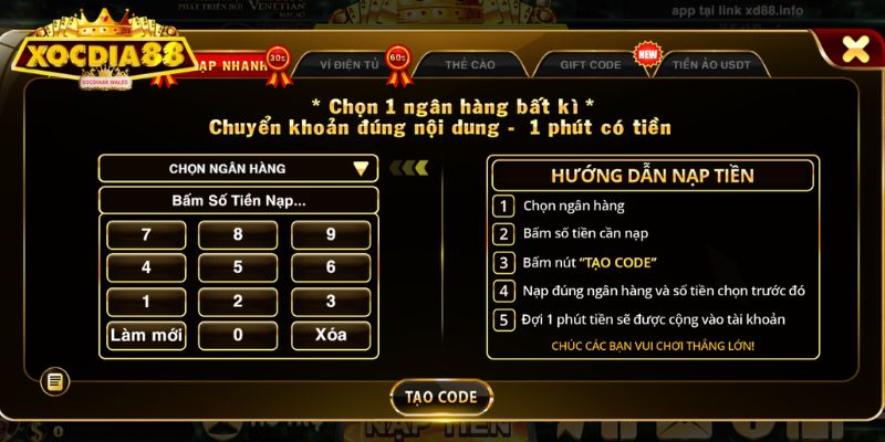 Cách nạp tiền XOCDIA88